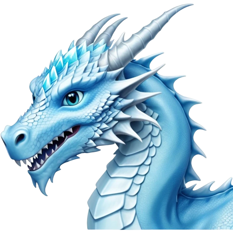 Cinematic Noble elegant Ice Dragon Portrait Emoji, Poised and imposing, distinct long elegant snout, with a slender, scaled body shimmering in glacial hues of icy blue, frostbitten silver, and crystalline white, breathing out frost, with piercing, glowing ice blue white eyes that radiate the chilling depths of an arctic storm; rendered in detail. emoji