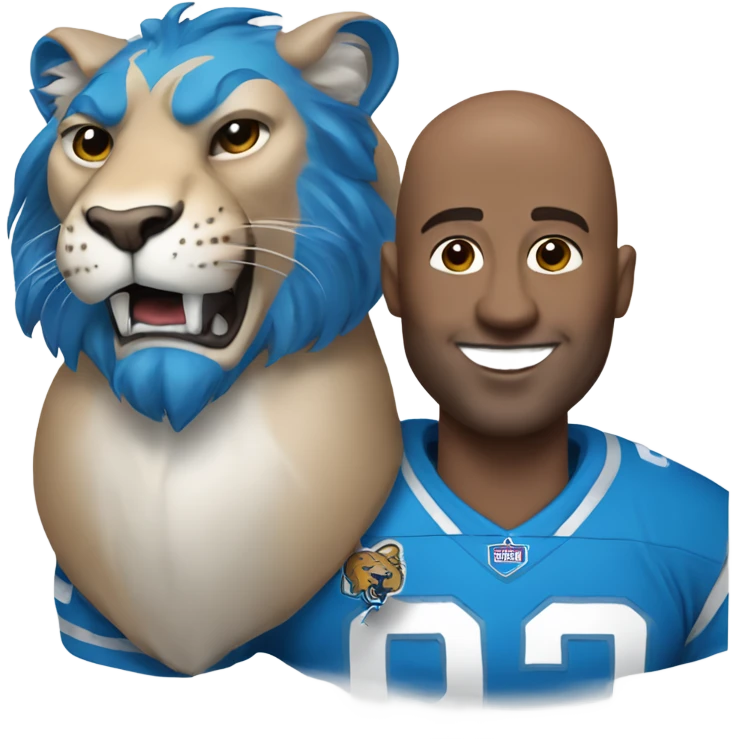 smiling bald man in blue, rinding a lion wearing a Detroit Lions helmet emoji