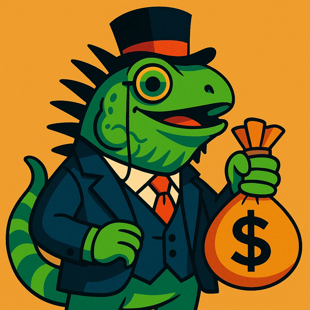 an iguana dressed as a wealthy capitalist, wearing a top hat, monocle, and suit, holding a money bag, in a fun and expressive style emoji