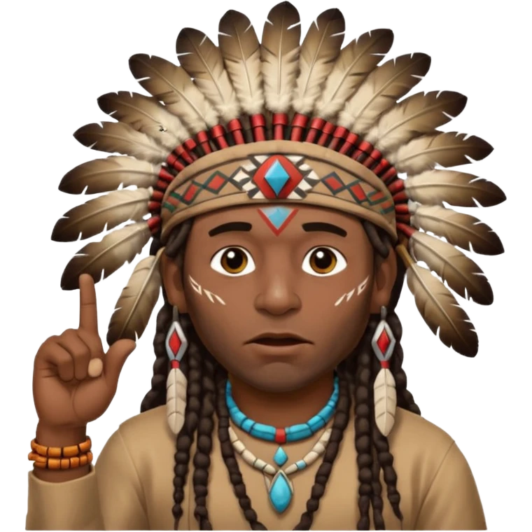 Black American man dark brown with dreads with a American Indian headdress with one finger pointing at his mouth with a yea he lying face emoji