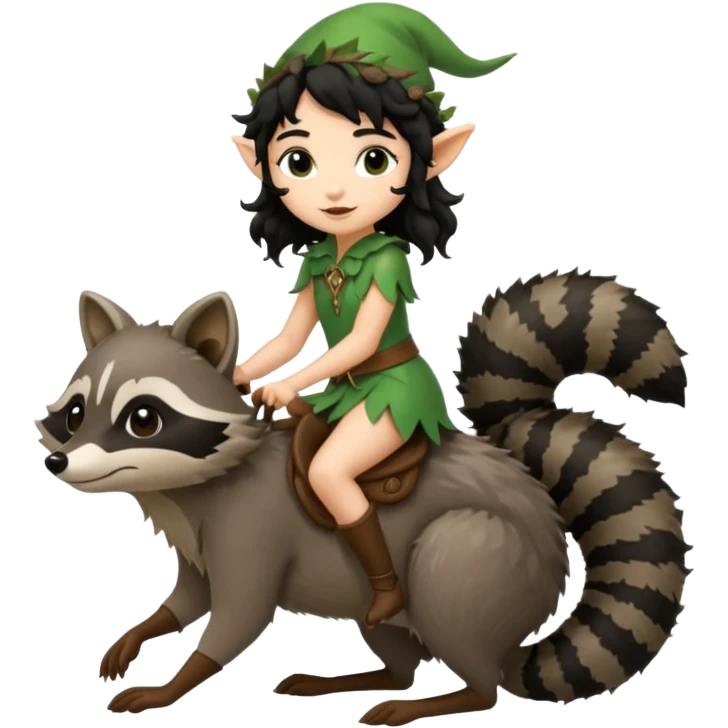 tiny forest elf with curly black hair riding raccoon emoji