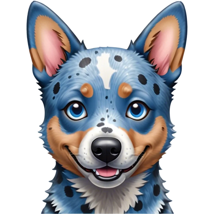 Cinematic Comical Blue Speckle Australian Cattle Dog Portrait Emoji, Head tilted dramatically with an exaggeratedly amused expression, featuring a striking blue speckle Fur with bold patterns, wide, expressive blue eyes filled with playful disbelief, Simplified yet hilariously expressive features, highly detailed, glowing with a slightly sassy glow, high shine, dramatic yet playful, stylized with an air of cheeky charm, bright and endearing, soft glowing outline, capturing the essence of a spirited and over-the-top herder, so meme-worthy it feels like it could side-eye its way into internet fame instantly! emoji