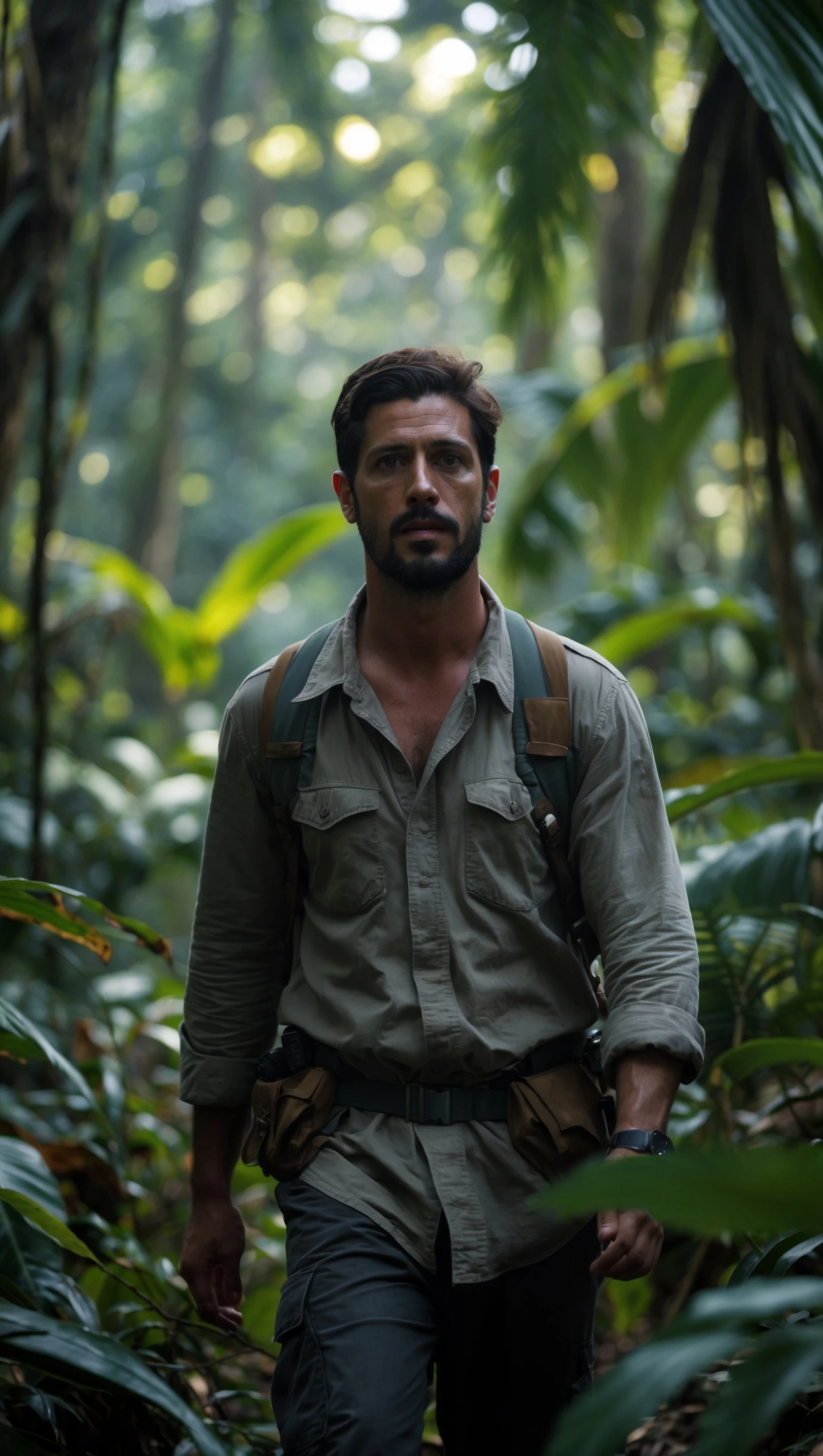 cinematic still, documentary photography, amazon jungle, well lit scene, man is exploring the jungle, close up, front shot emoji