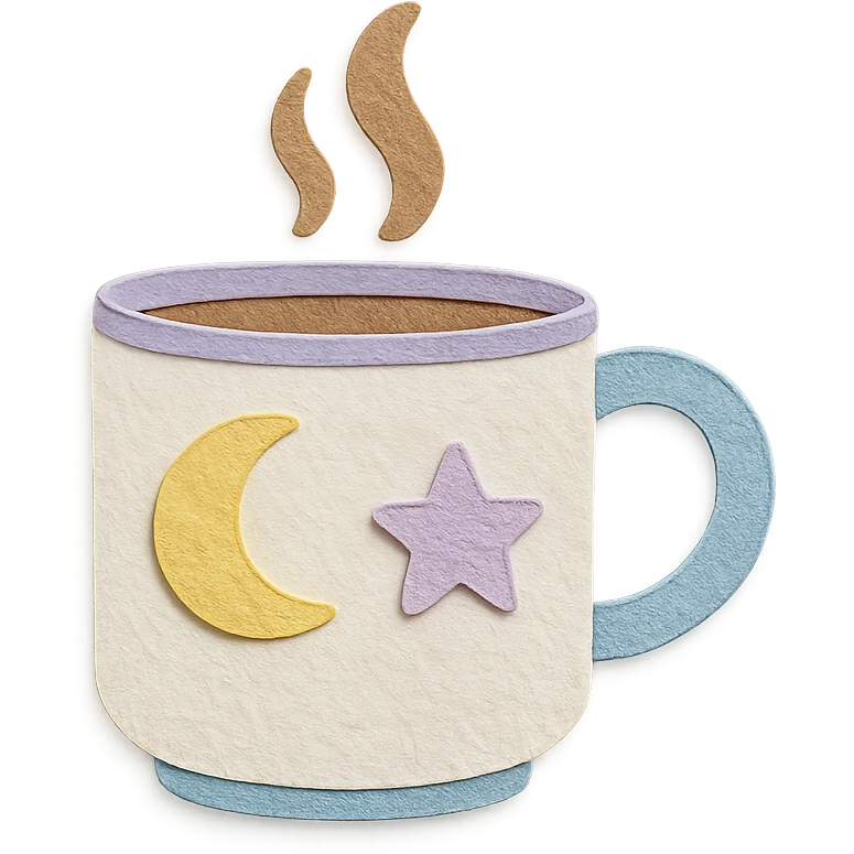 coffee cup with pastel moon and star doodles, hand-drawn style emoji