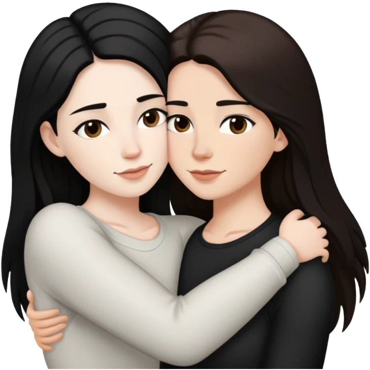 A lesbian couple with white skin and long black and brown hair hugging intimately emoji