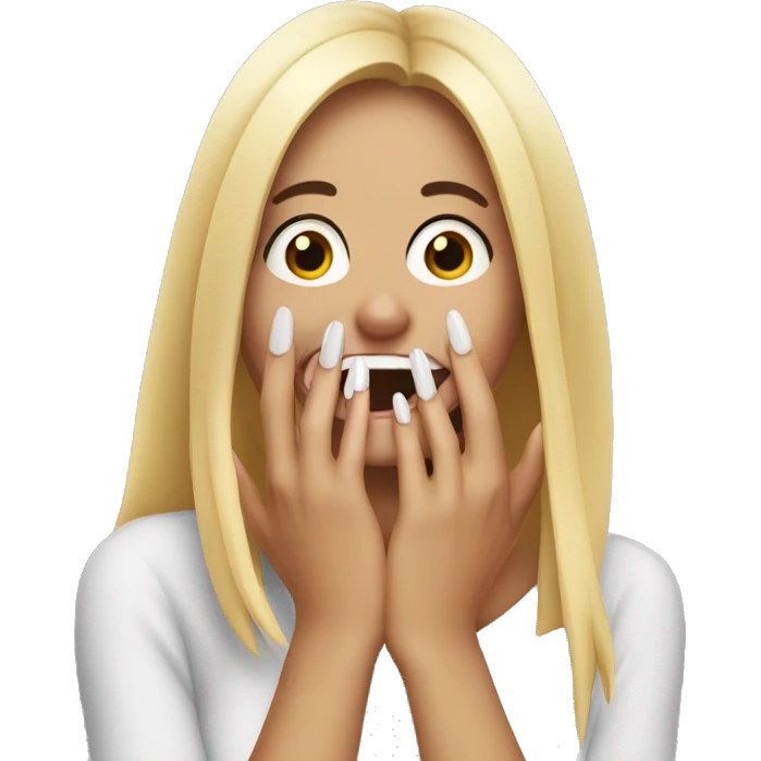 Girl laughing with long nails hand covers her mouth to hide laugh emoji