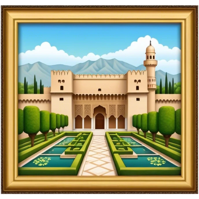 Cinematic Realistic Alhambra Landmark Emoji, showcasing the ornate historic palace with lush gardens rendered with rich textures and soft, majestic lighting. emoji