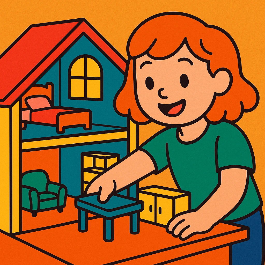 smiling girl arranging furniture in doll house emoji