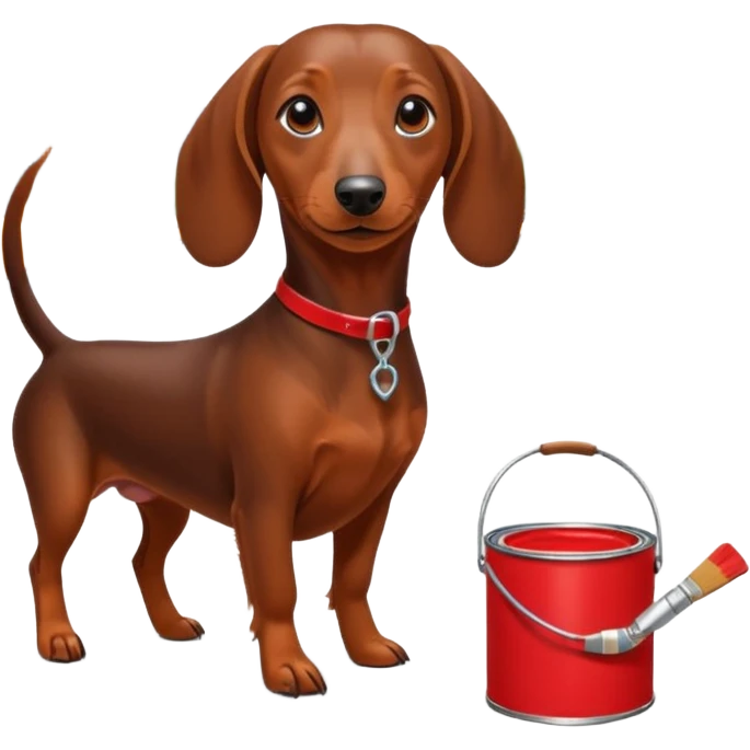 Brown dachshund with high heels on, walking on a busy NYC street, holding a red paint can and paint brush. emoji