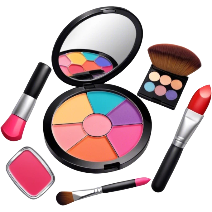 A photorealistic icon featuring makeup brushes, a lipstick being applied, an eyeshadow palette with colors in use and a compact mirror reflecting a half-done makeup look. The design captures the artistry and process of makeup with bright and realistic textures. Transparent background. emoji