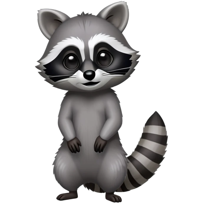 Cinematic-Raccoon-Realistic-Full-Body-Standing on all fours-Emoji – Tail flicking lazily, head tilted dramatically, thick grey fur with a signature black mask, sharp and alert ears, simplified yet realistic focused features, highly detailed, glowing with an almost sarcastic glow. emoji