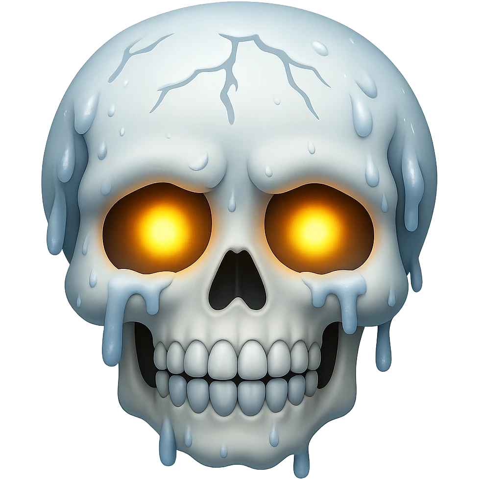 Add glowing eyes to the skull covered in snow, shivering. The image should have no background. Preserve the snowy and shivering effect on the skull. emoji