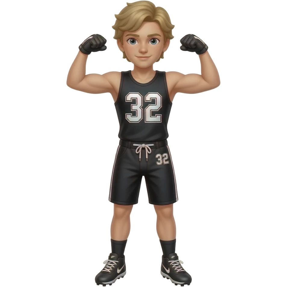 White skin teenager boy with blonde medium hair black tank top number 32 black shorts number 32 Nike cleats flexing with the footbal black gloves emoji