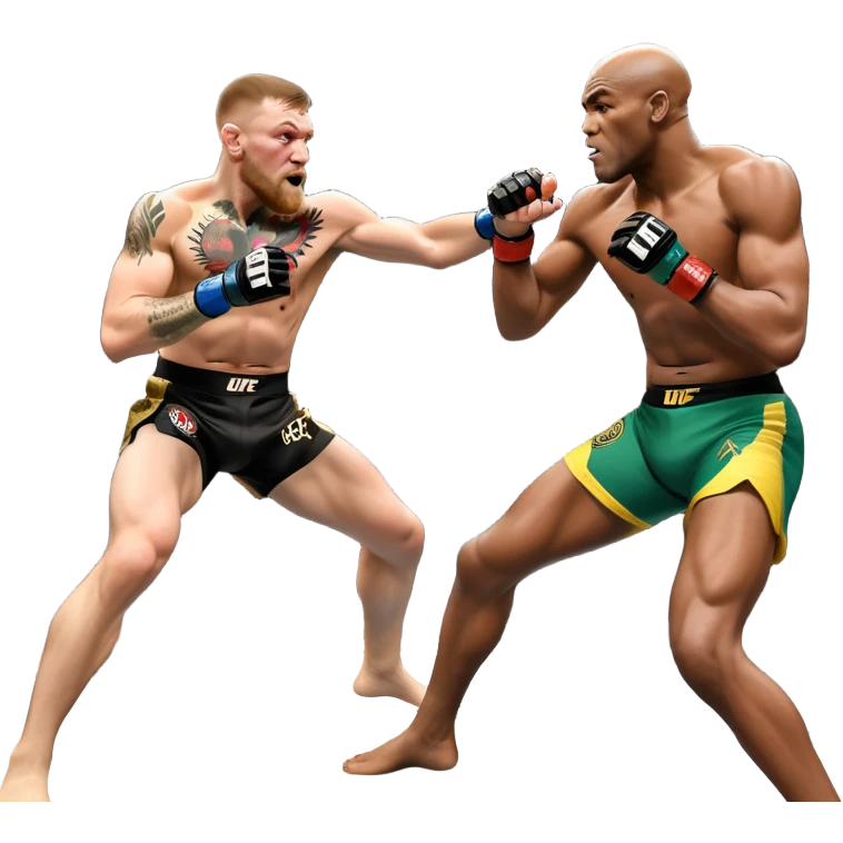 An MMA showdown between Conor McGregor and Anderson Silva in the octagon. McGregor is executing a powerful jumping strike, while Silva is expertly blocking the attack with his forearm. The background features the UFC octagon, fans in the distance, and dynamic action. Transparent background emoji