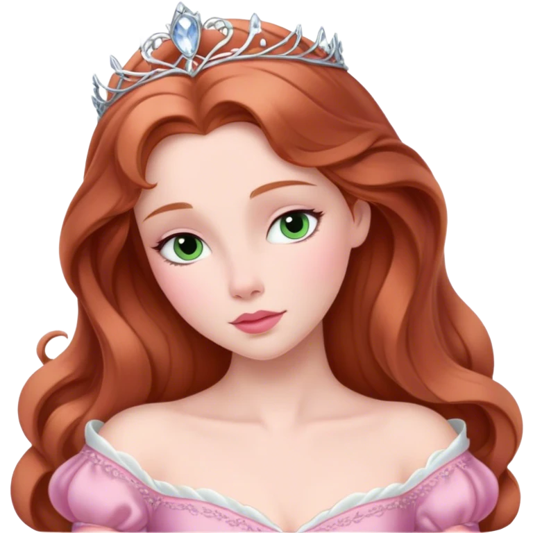Cinematic Elegant Sleeping Beauty Portrait Emoji, rendered in a realistic, vector-style with minimal shading and bold, simplified shapes. Depict Aurora (Sleeping Beauty) (chest and above) with delicate porcelain skin, soft auburn hair styled gracefully, and gentle, dreamy eyes, dressed in her classic pink gown. The image glows with a soft, enchanting radiance and high shine, capturing timeless regal beauty. emoji