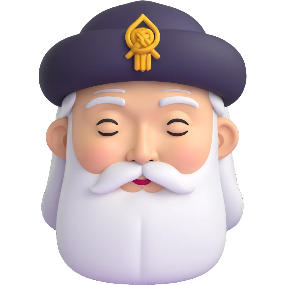 Elderly wise Asian man with long white beard and traditional hat, looking contemplative with eyes closed emoji