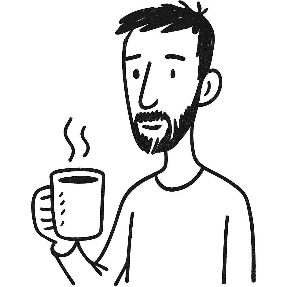 A thin guy with black hair, a long face, black beard, not too thick and long, holding a mug of coffee emoji