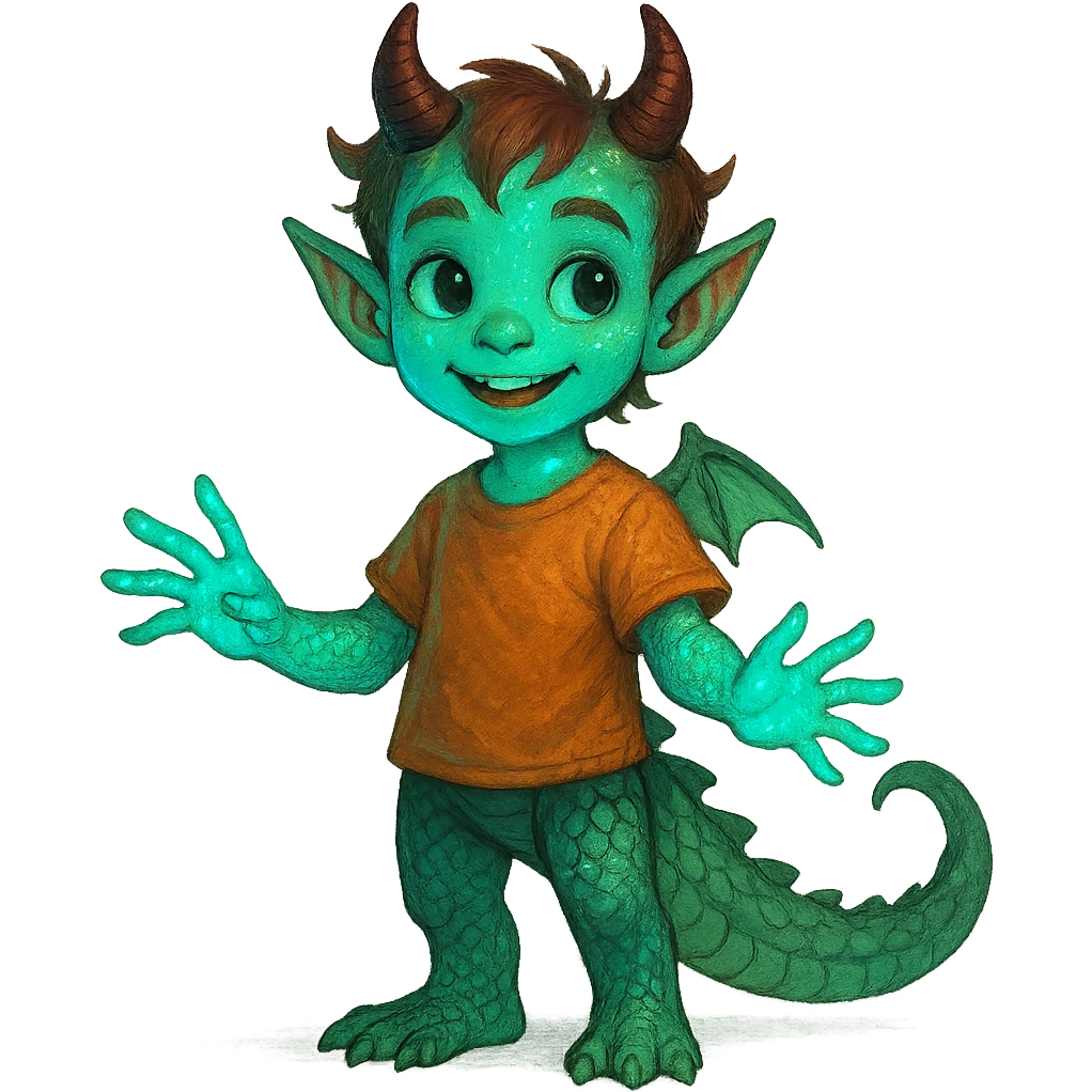 friendly curious kid mixed with dragon features such as scales and tail, demon traits like horns and pointed ears, and alien characteristics including glowing skin and extra fingers emoji