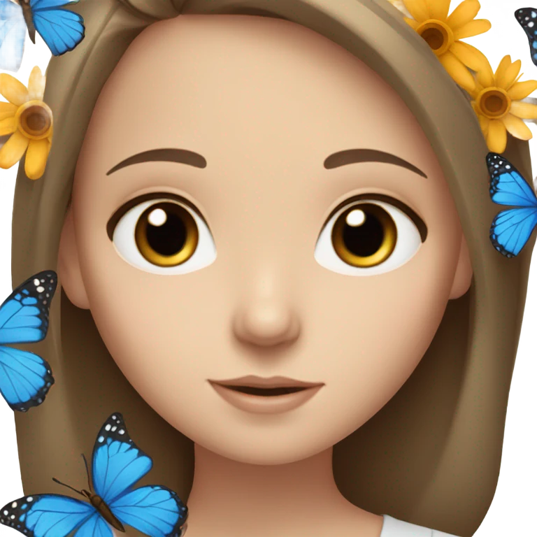 White girl with brown hair and blue eyes, flowers and butterflies  emoji