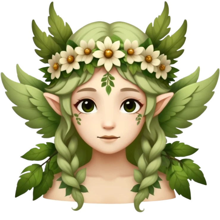 a forest fae spirit with leafy wings and flower crown emoji