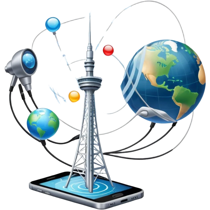 An icon featuring a communication tower with signal waves, satellites in orbit, and fiber optic cables. The design includes a smartphone, message bubbles, and a globe with connection lines, symbolizing global communication networks. Transparent background  emoji