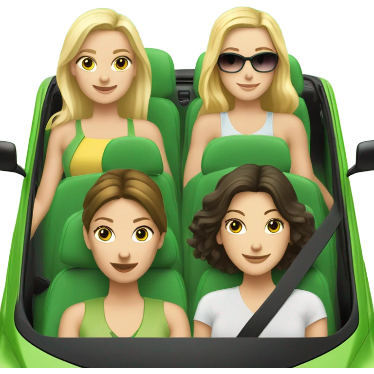 Two Caucasian blonde girls and two Caucasian brunette girls riding in a green volkswagen convertible emoji