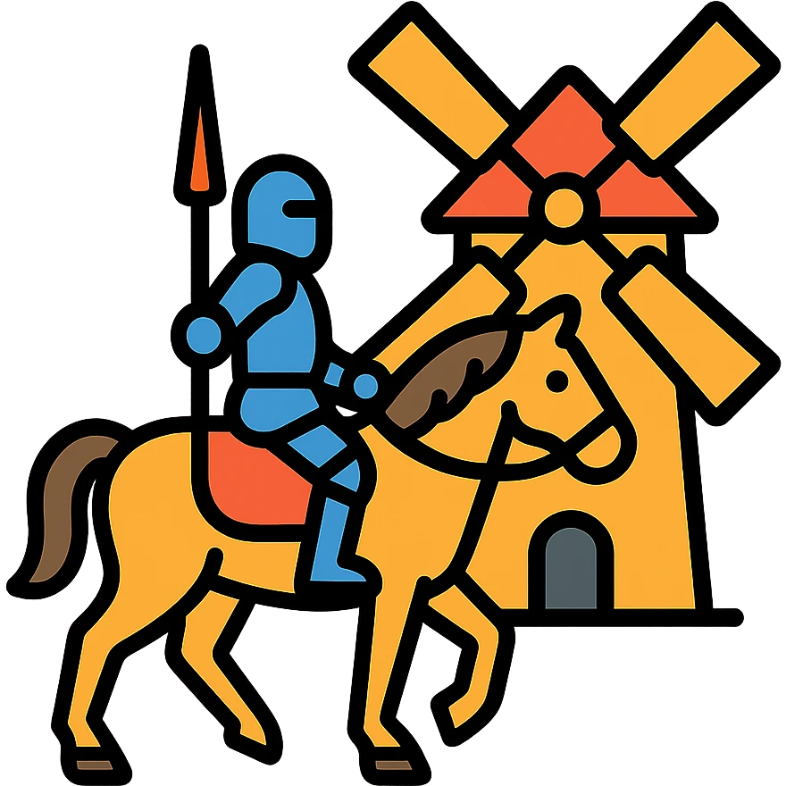 knight on horseback in front of windmill, color outline icon style, clean lines, colorful emoji