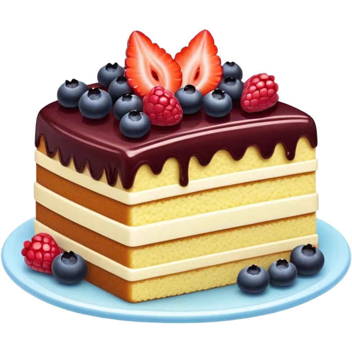 Cinematic luxurious slice of cake, delicate layers of moist sponge and rich frosting, beautifully decorated with fresh berries and a glossy glaze, soft glowing light, elegant and indulgent. emoji