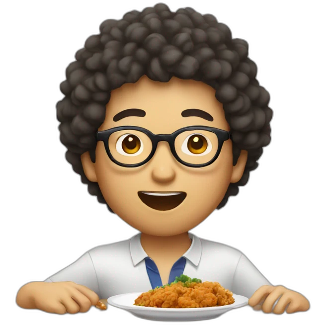 Asian man with round glasses and natural perm eating chicken emoji