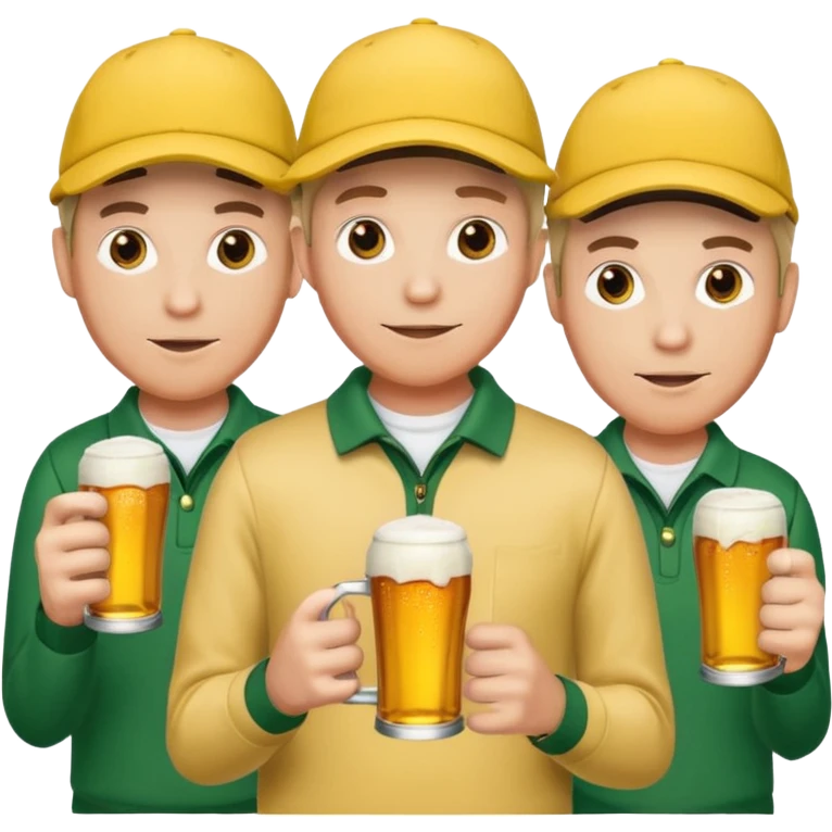 16 men on a golf trip wearing yellow golf caps all holding a beer can with a Xmas style label. Has to be 16 of them. emoji