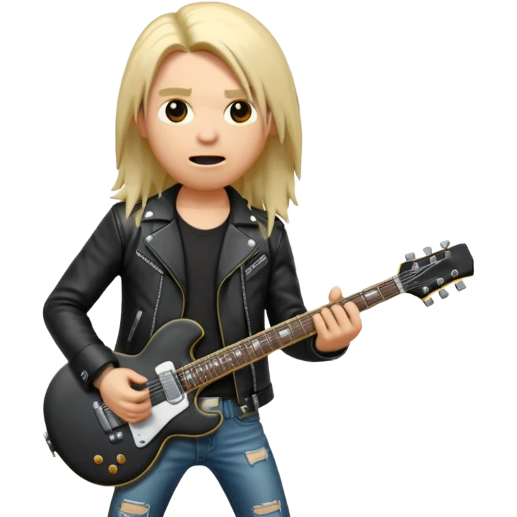 3D Apple-style emoji of a metal musician. Long hair, black leather jacket, ripped jeans, holding an electric guitar. Intense expression, glossy, rounded, smooth, soft shadows, white background.









 emoji