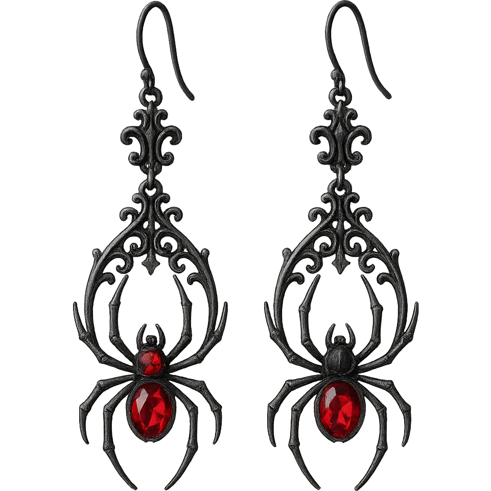 goth earrings, black spider with red gem, dramatic gothic style, ornate emoji