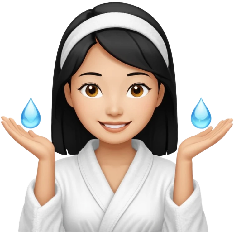A black-haired East Asian woman smiling with a satisfied, relaxed expression. She is wearing a bathrobe, in the middle of her skincare routine, and her skin looks radiant. emoji