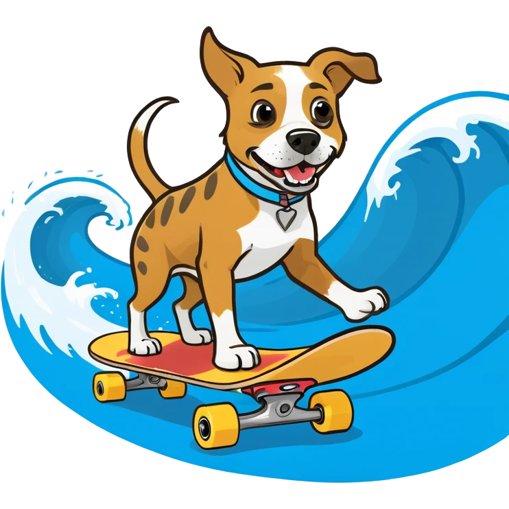 Dog on a skateboard riding a wave emoji