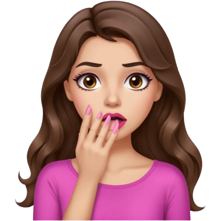 girl with long wavy brown hair, brown eyes, long lashes makeup, sexy pink lips, light to medium complexion, pink sexy top, shocked, hand covering mouth emoji