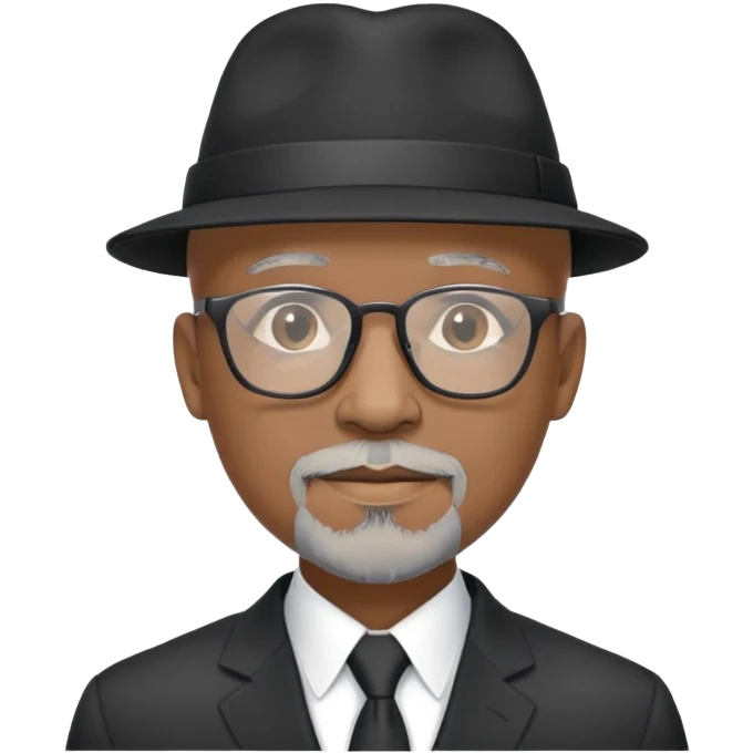 Bald mature Black male with Grey goatee and light glasses in a nice black suit and hat
 emoji