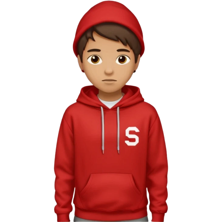 make me an emoji of an americain 19 yearold boy in a red hoodie that says "south" on it and give him with tan skin with his hands in his hands in his pocket not grining flexing his muscles emoji