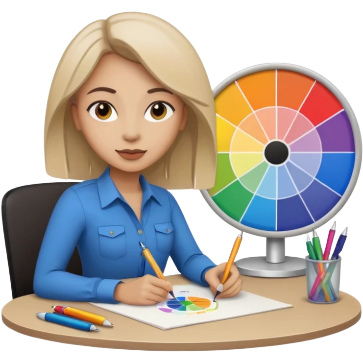 female graphic designer , color wheel, pens, papers , desktop emoji