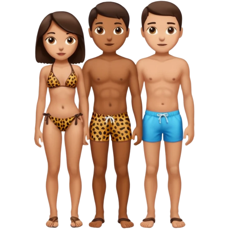 a girl wearing leopard print bikini standing with a boy wearing shorts both brunette emoji