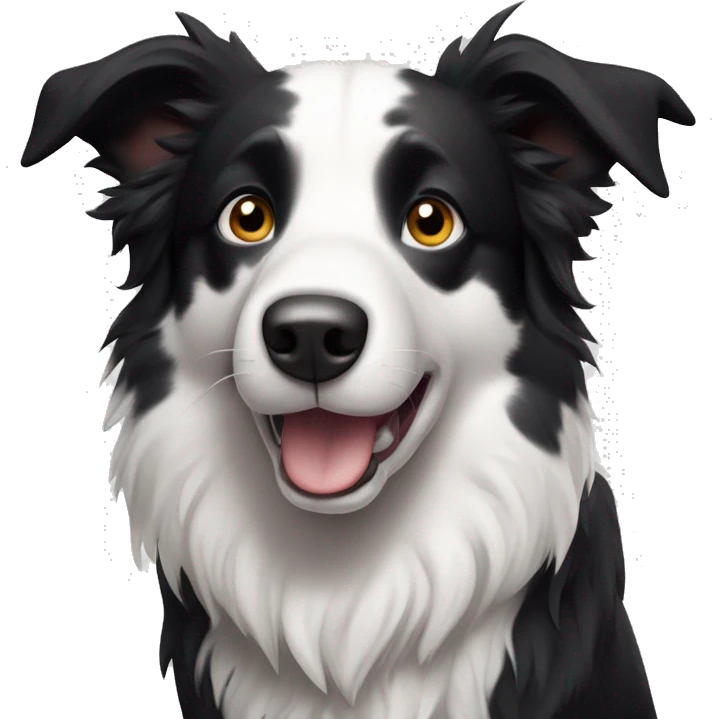 Create an image of a Border Collie with a predominantly black and white coat. He has erect ears, a white blaze on his face, and black spots on his white chest and legs. His eyes are bright and expressive. emoji