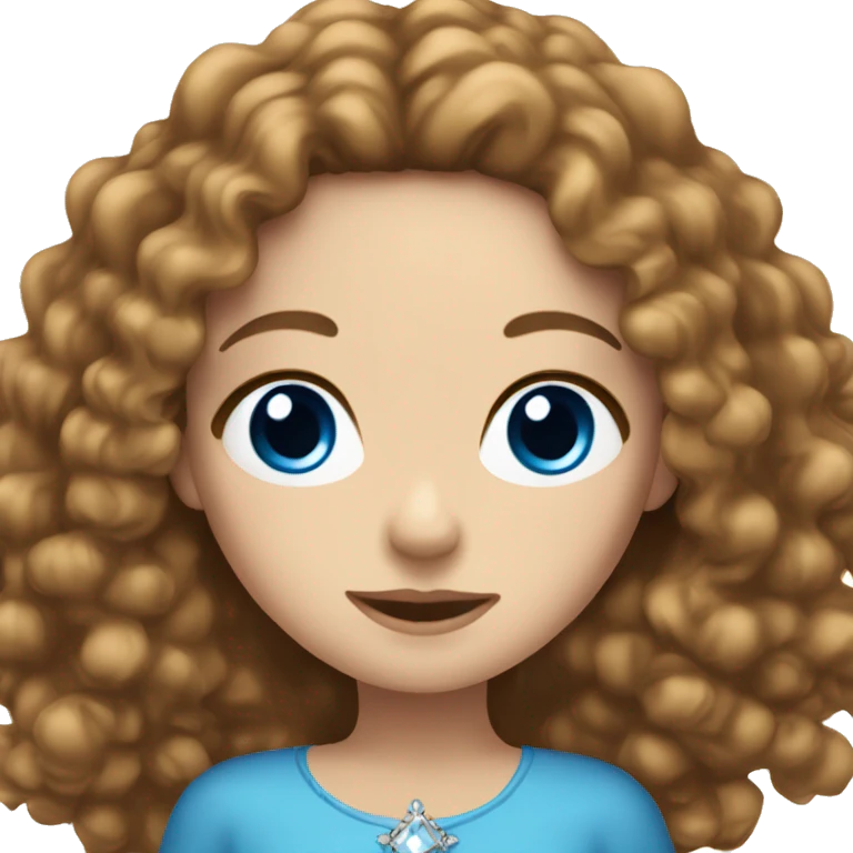 White girl with blue eyes and long brown curly hair wearing a crown emoji