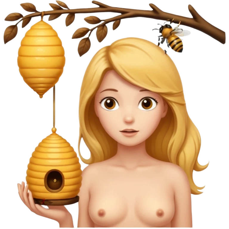 A naked women looking at a beehive hanging by a branch  emoji