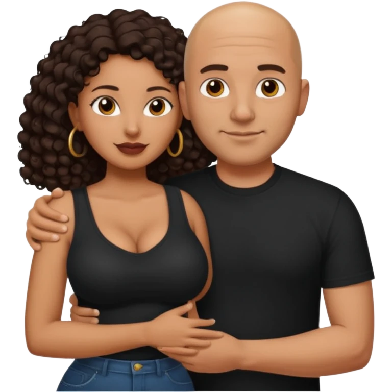 A picture of a tanned couple with the man's arm around her. the man is a Mexican man with tanned skin, a bald hair cut, short beard and wearing a black shirt. the woman is mixed, with long curly dark brown hair and with big boobs  emoji