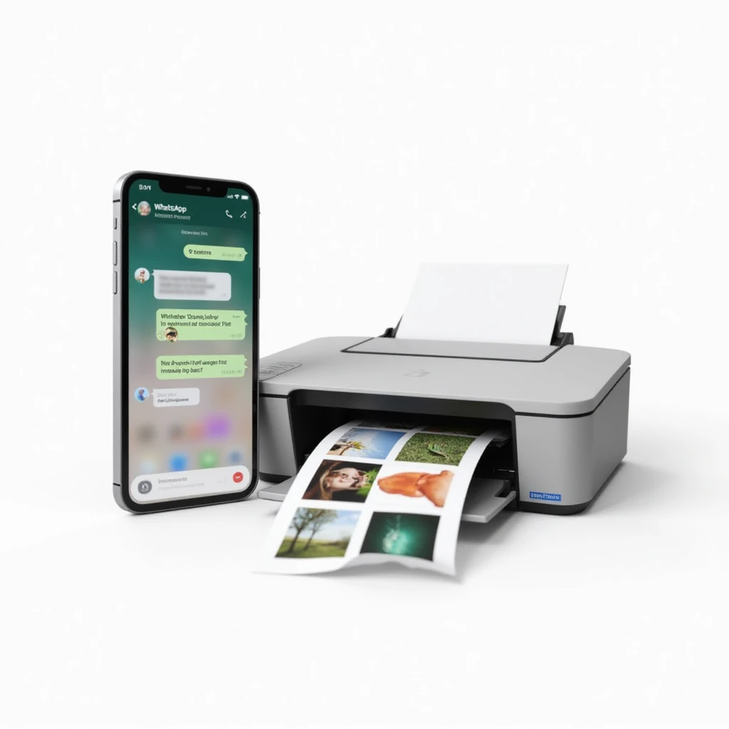realistic thumbnail for a WhatsApp print out service, smartphone on the left side showing WhatsApp open with a chat containing images, PDFs, and documents being sent, printer on the right side printing out a mix of photos and documents, clean white background emoji