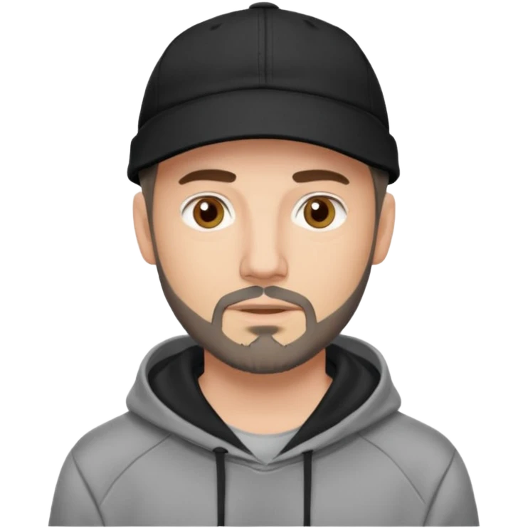 Hombre de ojos claros, con barba fina y perilla, gorra negra bordada, y sudadera gris. Expresión relajada y estilo urbano. emoji