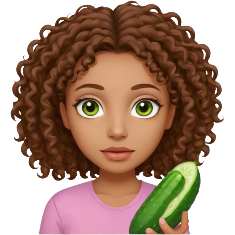 lightskin girl having a spa day with green skincare clay mask and ,cucumbers on her eyeballs  and brown curly hair and a pink shirt  emoji