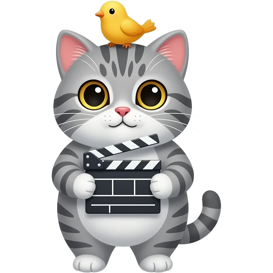 a cute loveable fat gray tabby cat with a small yellow bird on his head, holding a movie clapperboard. the image must be a transparent .png. no light or dark border or outer glow or stroke around the image contour emoji