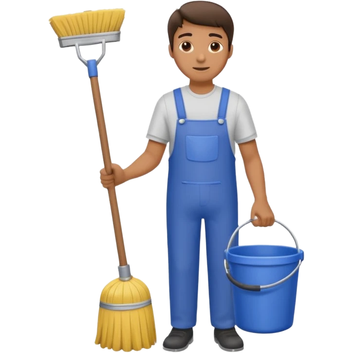 man in cleaning clothes, holding a broom and a bucket emoji