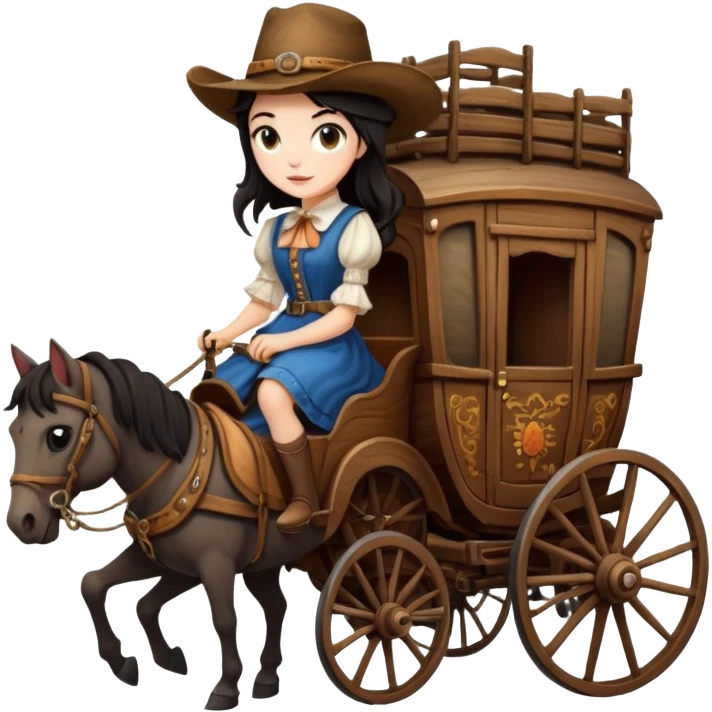  Rustic antique wood detailed 1854 pretty dark-haired Catgirl driving a huge horse-drawn stagecoach Caravan on a bumpy scary trail in the woods  emoji
