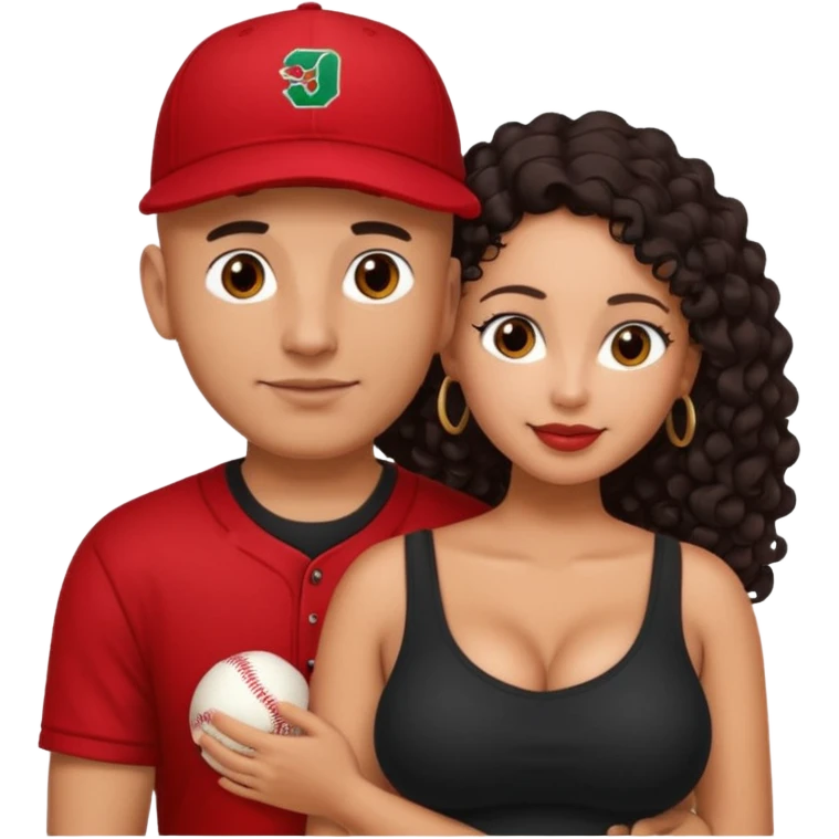 A picture of an embracing tanned couple. the man is a Mexican man with tanned skin, with a bald hair cut wearing a red baseball hat and wearing a black shirt. the woman is mixed, with glasses,  with long curly dark brown hair and with big boobs. Remove the glasses from the guy emoji